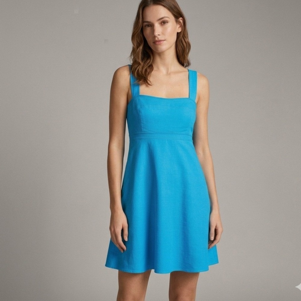 J.Crew Dress Size 6 Linen Blend Blue Pockets Mini Empire Waist Gramercy NWT